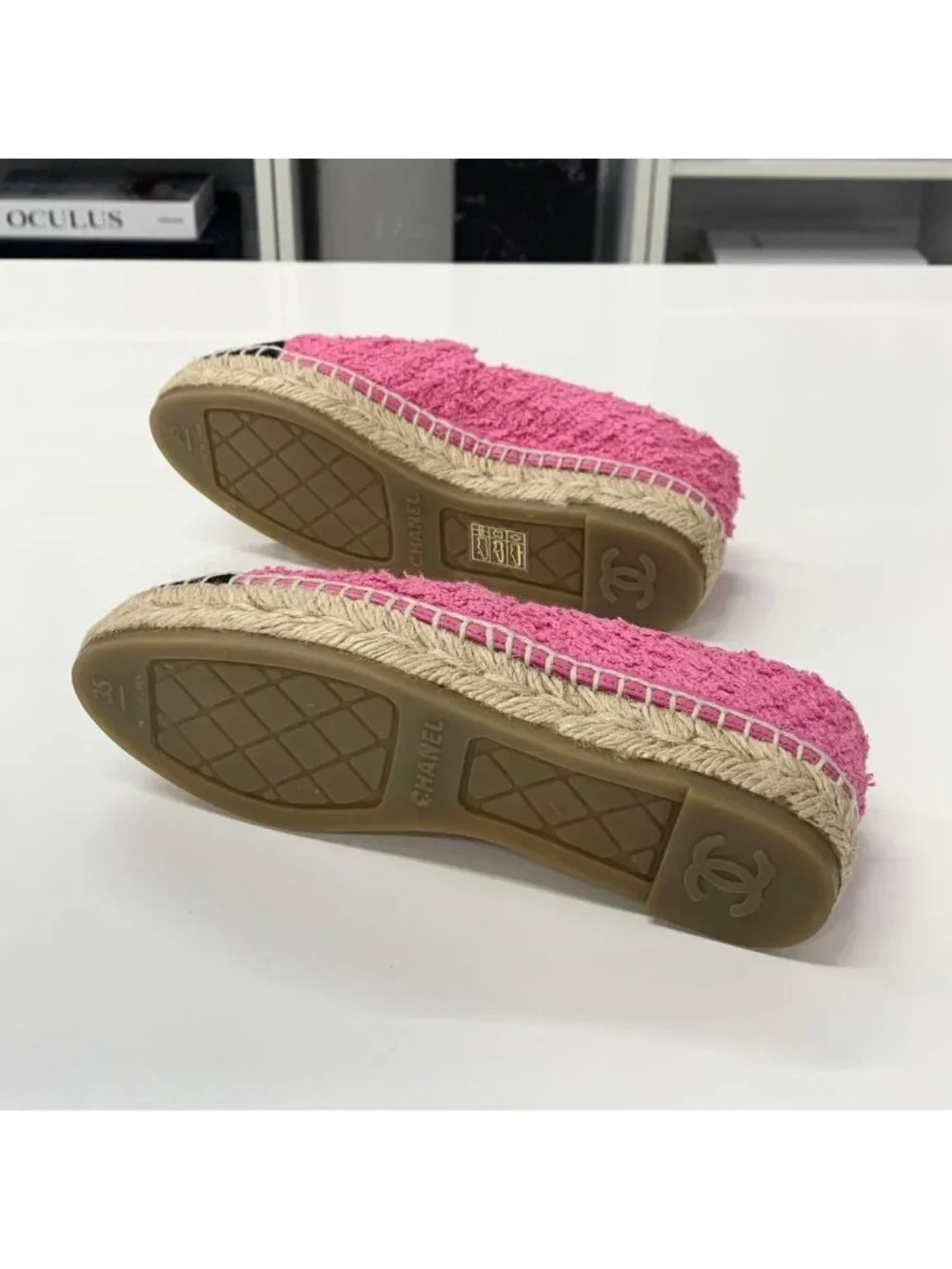 Chanel CC Logo Espadrilles Tweed Leather Flat Shoes Pink